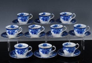 FINE SET 10 ANTIQUE RIDGWAY ROXBURY PATTERN FLOW BLUE DEMITASSE CUPS & SAUCERS