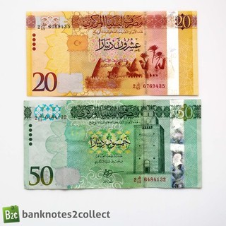 LIBIA: Juego de 2 billetes de dinar de Libia.