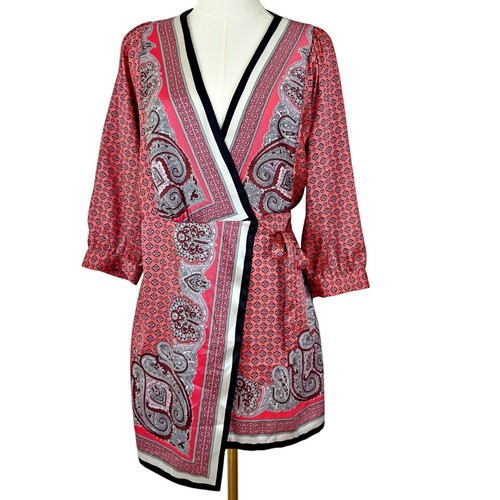 Zara Kimono Wrap Tie Pink Black Paisley Dress MED Silky 3/4 Sleeve - Picture 2 of 10