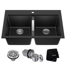 Quarza Black Onyx 33 Inch Drop-In / Undermount 50/50 Double Bowl Granite Kitchen