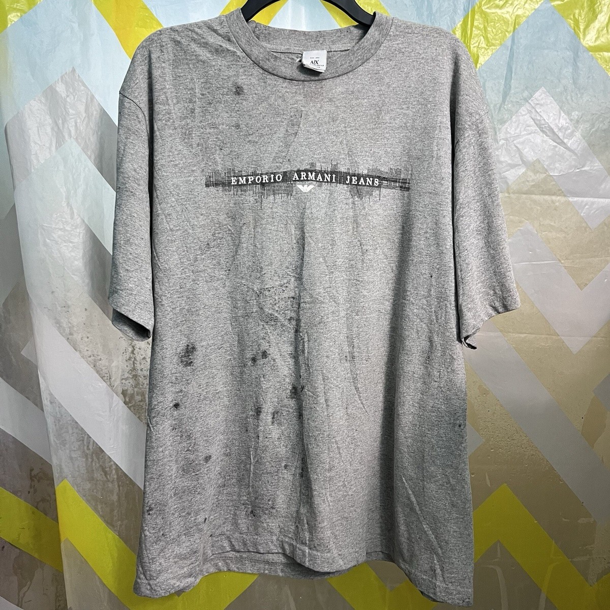 Vintage Emporio Armani Box Logo T Shirt Grey Size XL (stains) Y2K 