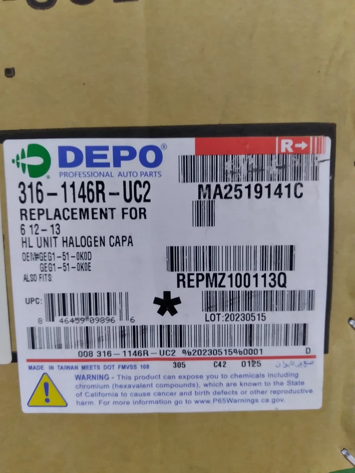 Faro Depo 316-1146R-UC2, lado derecho (pasajero), se adapta a Mazda 6 2011-2013 Foto 2 de 2