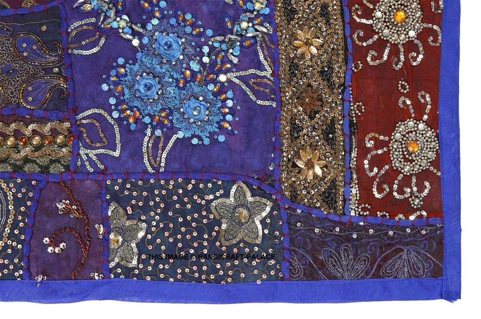 40*40" TAPEÇARIA DE PAREDE AZUL ARTESANAL CONTAS DE SARI LANTEJOULAS DECORAÇÃO VINTAGE - Imagem 2 de 3