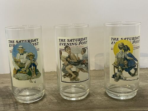 3 Saturday Evening Post Norman Rockwell Drinking Glasses Arby’s Collection