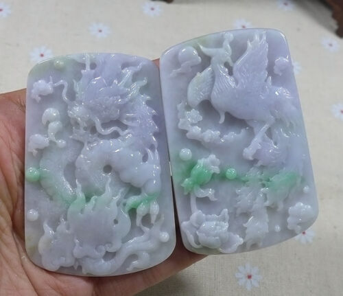 Fine Natural A Lavender Jadeite Jade Dragon Phoenix'龍鳯呈祥'Pair Pendant - Picture 4 of 9