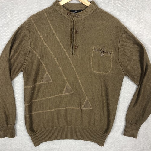 Vintage Roberto Carlo Jumper Mens Grandads Brown XL Pullover Leather Detail Warm - Picture 3 of 21