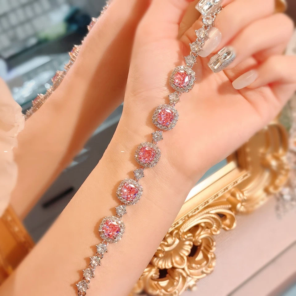 Nuevas pulseras plateadas de lujo de 10 mm con piedras preciosas de topacio rosa corte flor hielo para mujeres niñas Foto 3 de 4