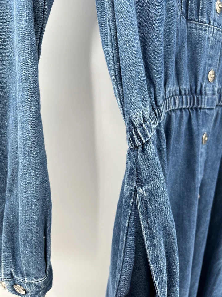 Vestido Camisa Orvis Mujer 4 Petite Azul Denim Maxi Mangas Largas Plisado Botón Foto 4 de 4