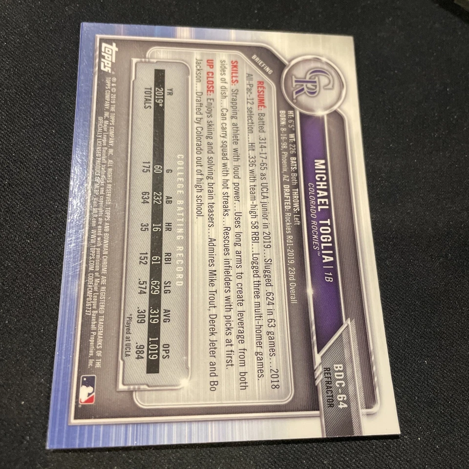 Michael Toglia Rockies Auto Signed 2019 1st Bowman Chrome Refractor BDC-64 - Image 2 of 2