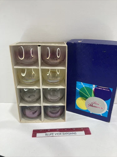 Vintage Federal Glass Sheer Rim Roly Poly Glasses Rainbow