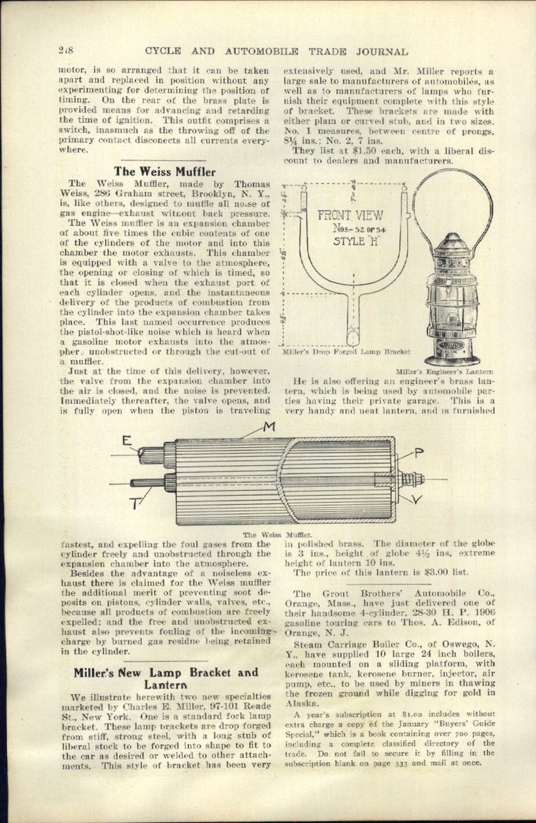 1905 PAPER AD CAR AUTO ARTICLE Miller NY Lantern Lamp Bracket 