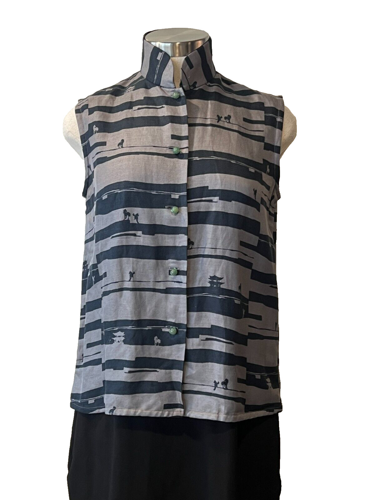SHANGHAI TANG $899 Navy/Grey Equestrian Stripe Silk/Linen Tang Top 8AUST-UK/4US