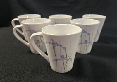 6 Corelle Shadow Iris 10 oz Mugs Cups White With Iris Design