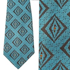 1970s Vintage Necktie Polyester Brocade Mid Century Modern Turquoise Blue Wide