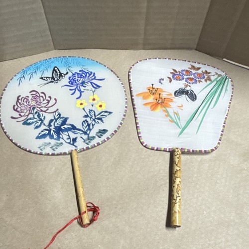 Japanese Uchiwa Fans Pair Floral Butterfly Designs Bamboo Handles