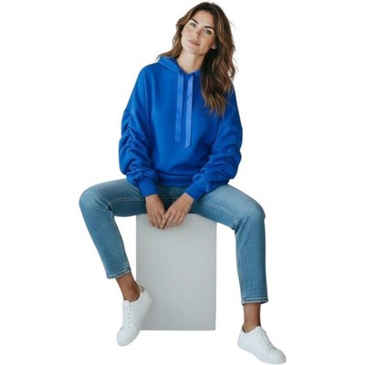 Damen Oversize Hoodie Sweatshirt mit gerafften Ärmeln und Satinband zum Binden