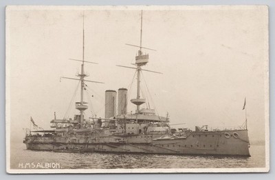 HMS Albion British Royal Navy Battleship Antique Real Photo RPPC Postcard Ship