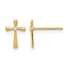 Real 14k Yellow Gold Polished 9.4x6.6mm Madi K CZ Cross Post Earrings Religious