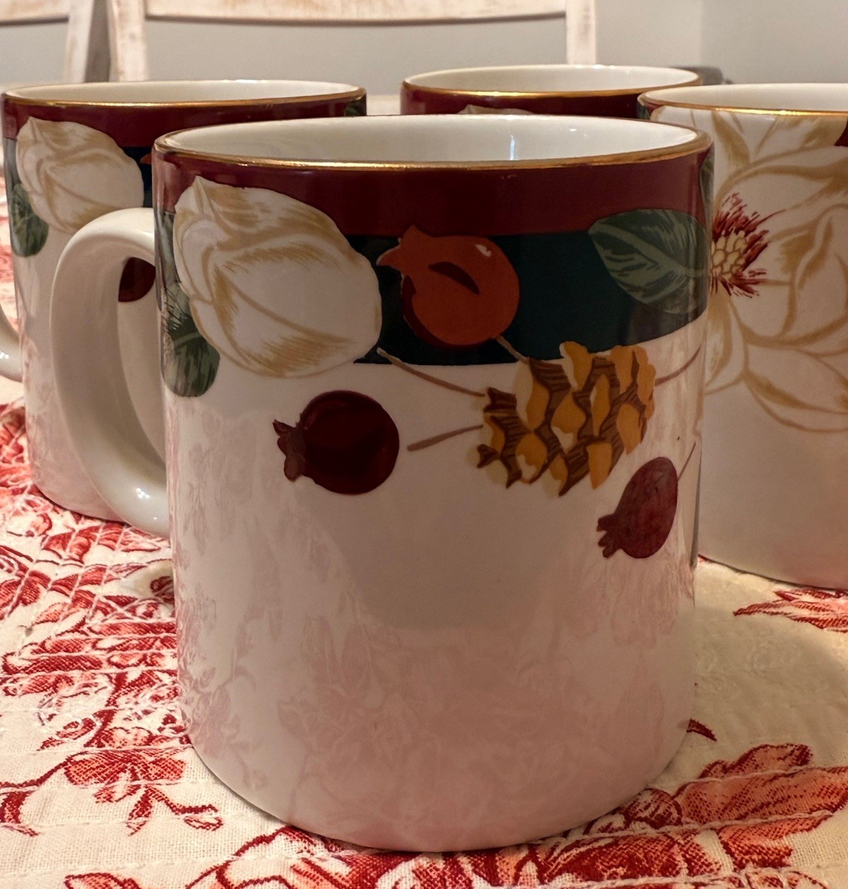 TIENSHAN Fine China Magnolia 4pc Coffee Mugs 14oz Excellent Condition