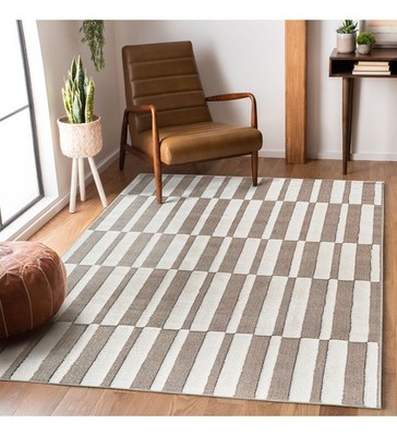 5'3''x7'6'' Beige Cream Striped Area Rug Non-Shedding Modern Boho Indoor Carpet