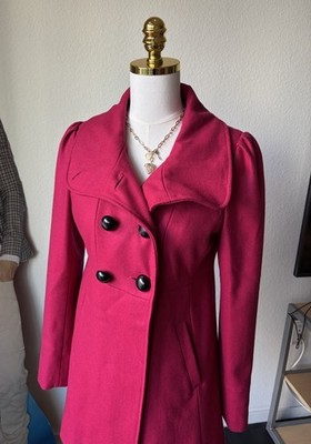 GUESS Women's Pink Wool Double-Breasted Lined Mid-Length Pea Coat S/P