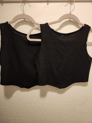 X2 New Fashion Women's Black Ribbed Cropped Tank Tops Sz Medium Cheer/Workout