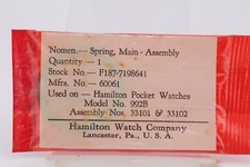 HAMILTON WATCH Co. GRADE 992B, NOS POCKET WATCH MAIN SPRING, 33101 33102 EI