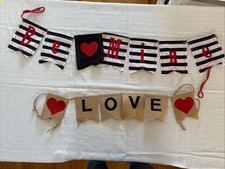 Be Mine Love Valentines day Burlap Cloth Banner. Black White Tan Red Hearts