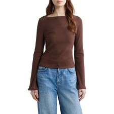 REFORMATION Miller Knit Top Brown Ribbed Boat Neck Bell Sleeve Basic | XL