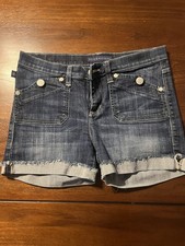 Rock Republic Stinger Denim Shorts Women s Sz 8 Cuffed Raw Hem Blue Mid Rise