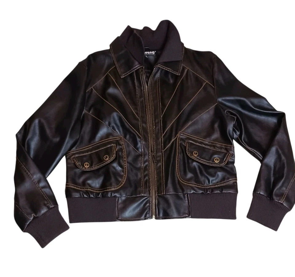 Ropa Exterior Casa de Muñecas XL Estilo Años 70 Marrón Imitación Cuero Chaqueta Boho Recortada Cremallera Foto 3 de 4