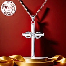 925 Sterling Silver CZ Infinity Symbol Cross Polished Dangle Pendant Necklace