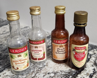 Lot 4 LEROUX Pina Colada Raspberry Peach Schnapps Plastic Liqueur Bottles EMPTY