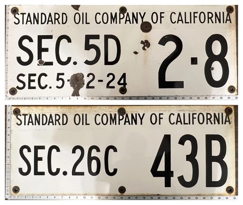 Vintage Porcelain Oil Field Signs (2) - Standard Oil of Calif Sec 5D, Sec 26C