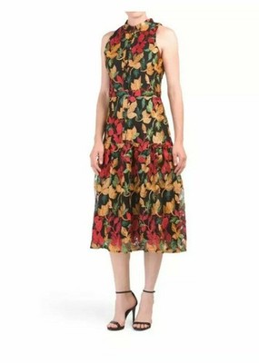 New Vone Cocktail Dress Midi Floral Embroidered Lace Sleeveless Size Medium