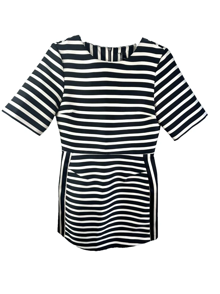 Женское черно-белое полосатое атласное трапециевидное структурированное мини-платье Topshop размер 6 - Изображение 4 из 4