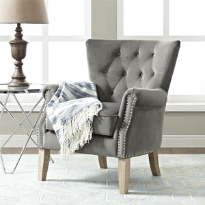 Rolled-Arm-Accent-Chair-Traditional-Design-Soft-Twill-Fabric-Rustic-Finish-Beige