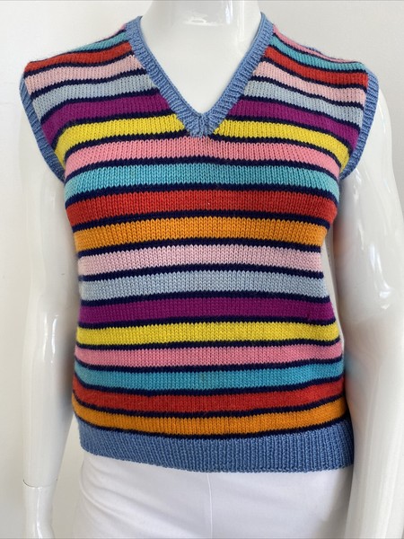 Hand Knitted Sweater Vest Women’s S M Wool Blend Vest Colourful Stripes