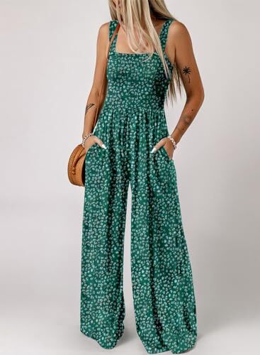 Womens Overalls Casual Floral Print Sleeveless Jumpsuit X-Large Dark Green - Picture 3 of 7