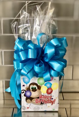 Happy Birthday Cookie Gift Basket-Box Monkey/Balloon Theme Wrapped And Blue Bow