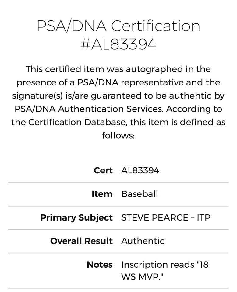 Steve Pearce Toronto Blue Jays Signed Autograph 2018 WS MVP Baseball PSA COA - Image 4 of 4