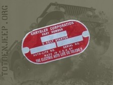 plate plaque plaquette ALU DODGE chevy DEMARREUR 6V 3/4T WC .. jeep willys ww2