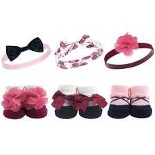 Hudson Baby Headband and Socks Giftset 6pc, Burgundy Floral, One Size