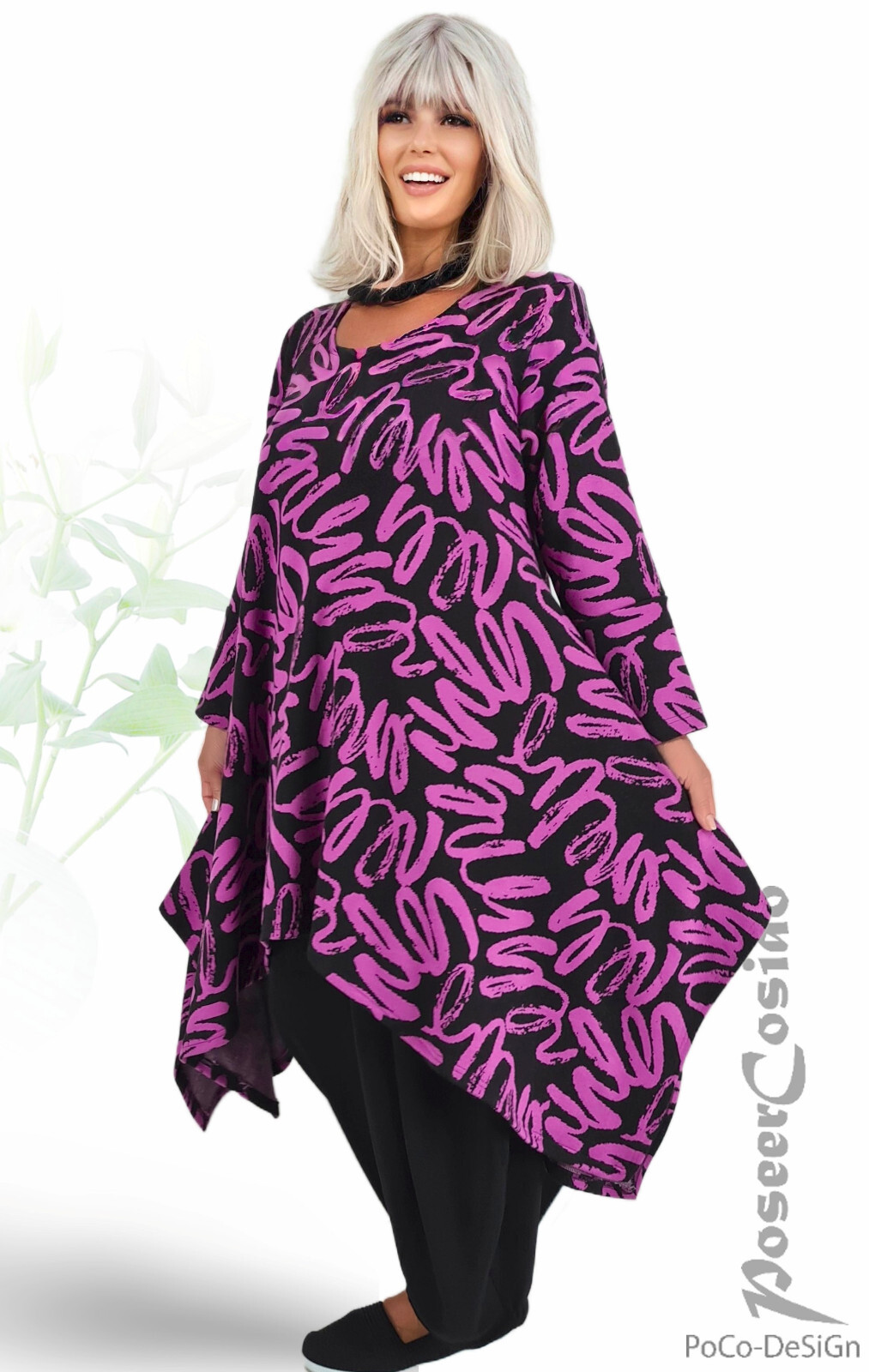 LAGENLOOK Pullover-Strick-Kleid schwarz cyclam 44 46 48 50 52 54 56 58 XL XXL
