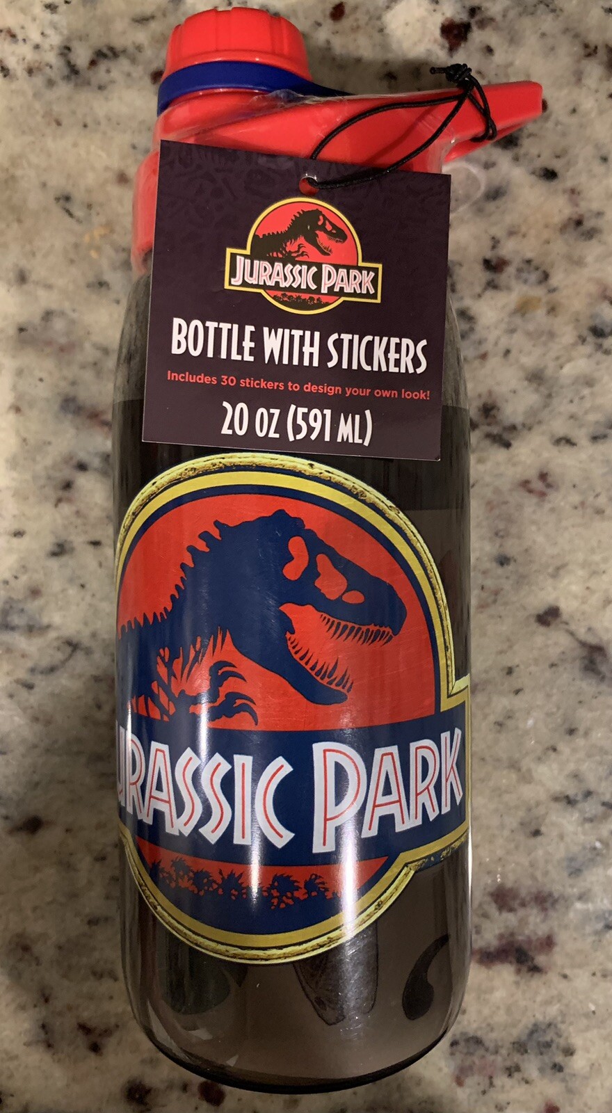 Jurassic Park 20oz Water Bottle Red Screw-On Lid with Stickers New