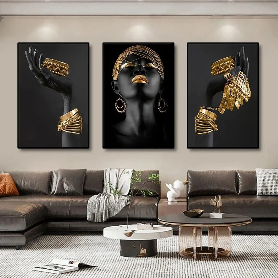 Mujeres negras africanas con póster dorado colgante de pared lienzo póster arte 40x60 cm 3 piezas Foto 4 de 4