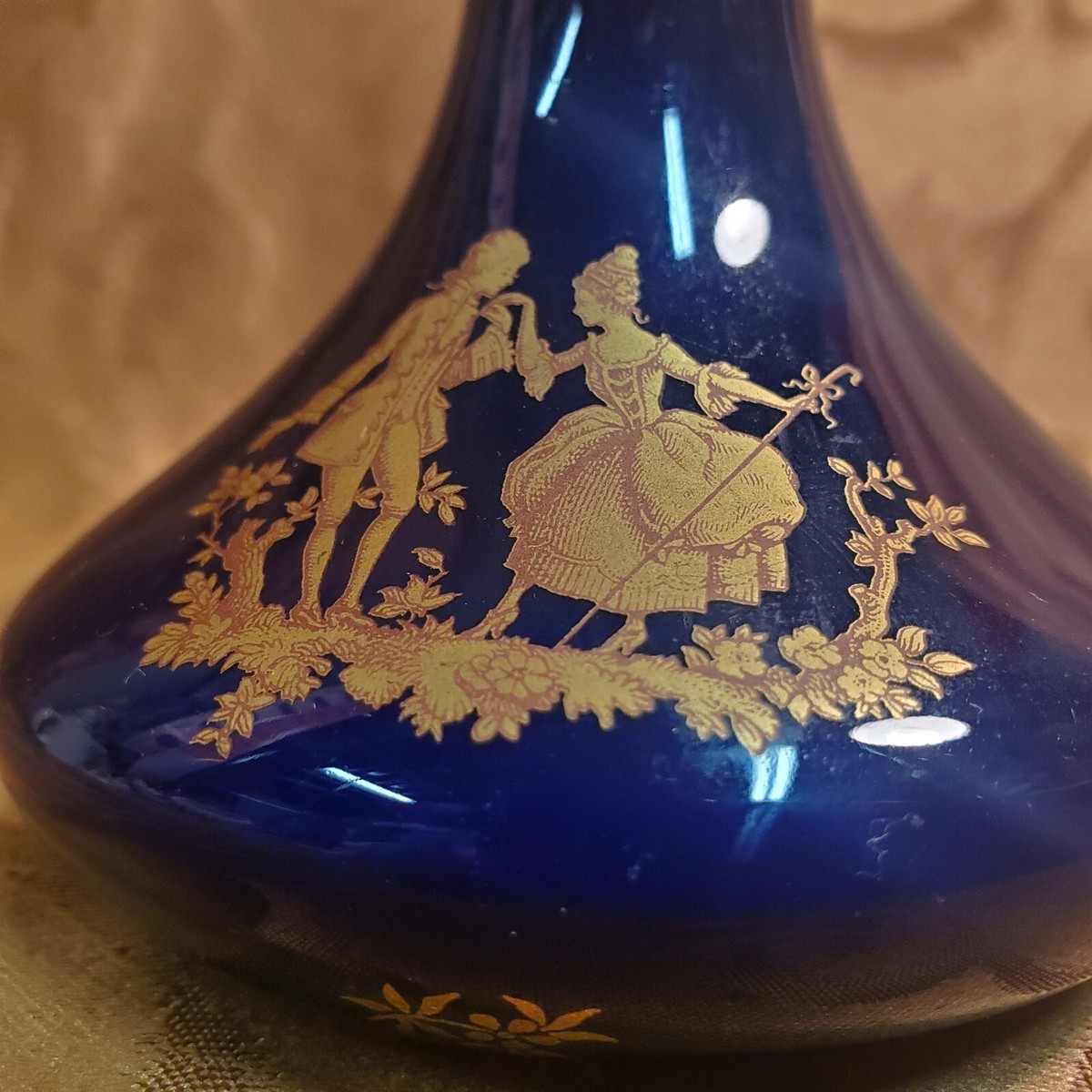Limoges Castel Vase Cobalt Blue 22K Gold Trim - Courting Scene