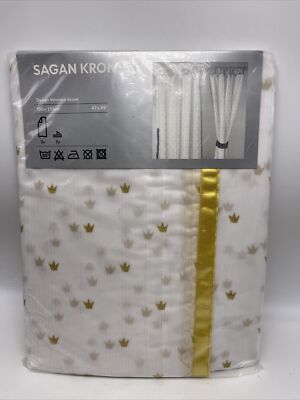 IKEA Sagan Krona Curtains Pair Gold Crowns Princess Tie Backs White Gold 47x89''
