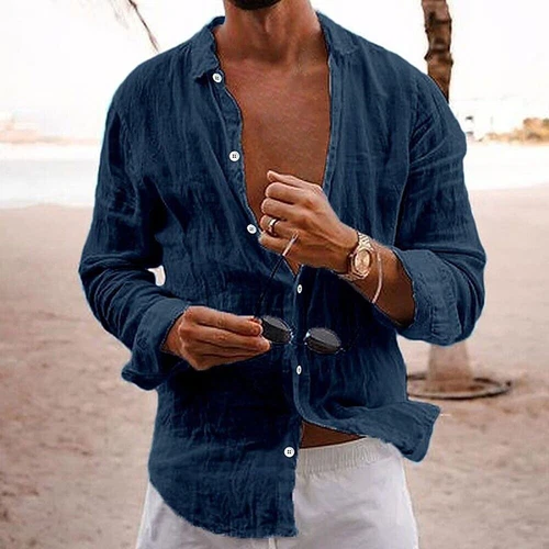 Mens Casual Cotton Linen Shirt Long Sleeve Loose Blouse Button Down Shirts-Tops - Picture 27 of 33