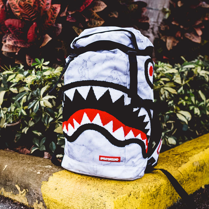 Borsa caricatore superiore SPRAYGROUND ciniglia marmo bianco squalo nuova